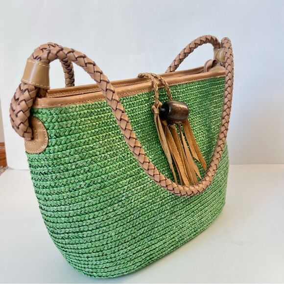 VTG Donna Dixon Kelly Green Braided Handle Raffia Woven Shoulder Bag Purse - Picture 9 of 15